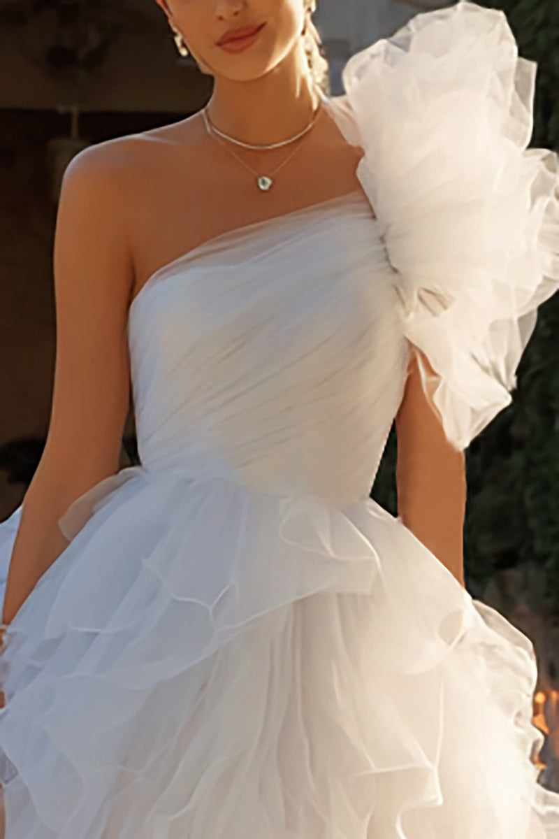 Load image into Gallery viewer, Ivory Tulle Ruffled A-Line One Shoulder Short Bachelorette Dress