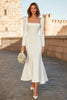 Load image into Gallery viewer, Ivory Mermaid Tea Length Square Neck Engagement Dress with Sleeves