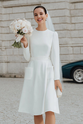 Ivory A Line Round Neck Short Wedding Dress with Sleeves