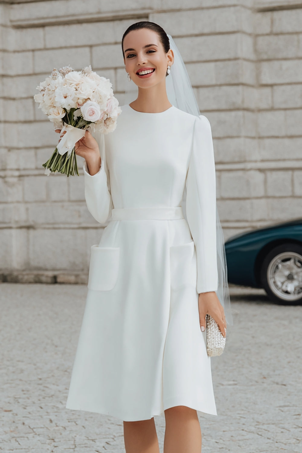 Ivory A Line Round Neck Short Wedding Dress with Sleeves