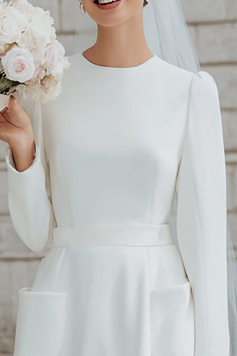 Load image into Gallery viewer, Ivory A Line Round Neck Short Wedding Dress with Sleeves