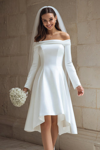 Ivory A Line Satin High Low Off the Shoulder Wedding Dress with Sleeves