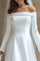 Load image into Gallery viewer, Ivory A Line Satin High Low Off the Shoulder Wedding Dress with Sleeves