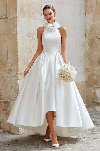 Ivory Princess Satin High Neck Floral Long Wedding Dress