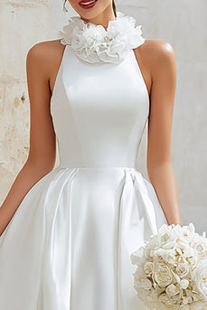 Ivory Princess Satin High Neck Floral Long Wedding Dress