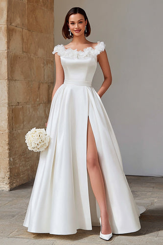 Princess Ivory Satin Boat Neck Wedding Dress with Slit