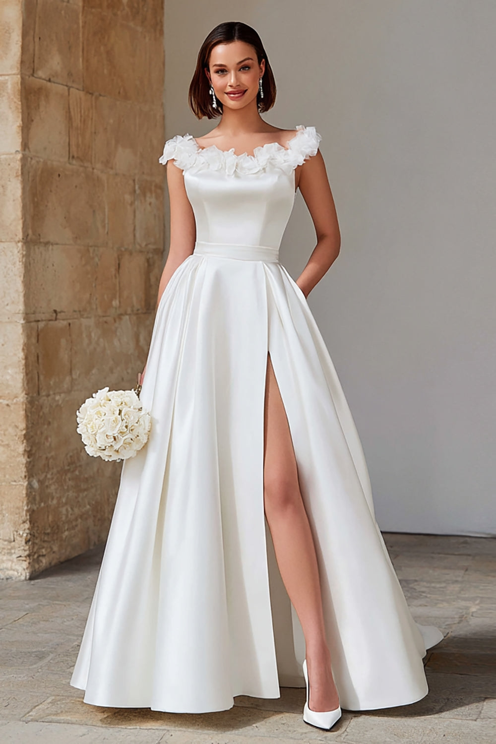 Princess Ivory Satin Boat Neck Wedding Dress with Slit