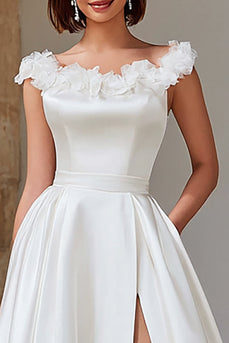 Princess Ivory Satin Boat Neck Wedding Dress with Slit