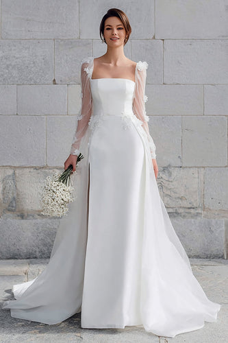 Ivory Square Neck Sweep Train Long Sleeves Wedding Dress with Appliques
