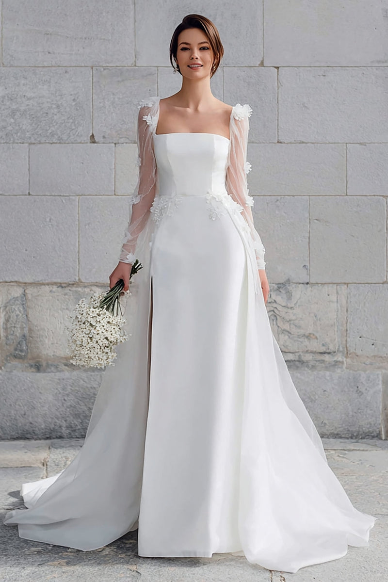 Load image into Gallery viewer, Ivory Square Neck Sweep Train Long Sleeves Wedding Dress with Appliques