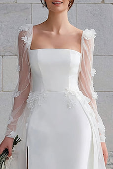 Ivory Square Neck Sweep Train Long Sleeves Wedding Dress with Appliques
