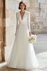 Load image into Gallery viewer, Ivory Tulle V-Neck A-Line Long Sleeves Floor Length Wedding Dress