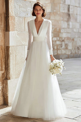 Ivory Tulle V-Neck A-Line Long Sleeves Floor Length Wedding Dress