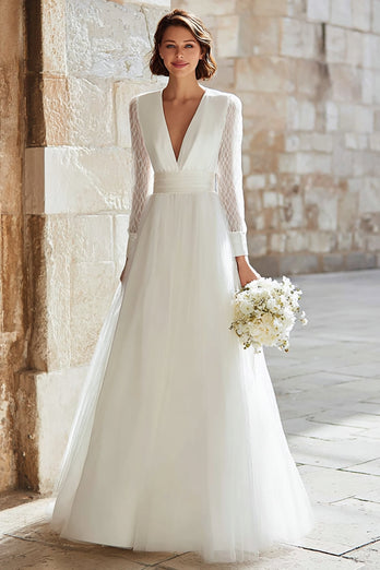 Ivory Tulle V-Neck A-Line Long Sleeves Floor Length Wedding Dress