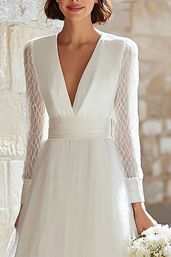 Ivory Tulle V-Neck A-Line Long Sleeves Floor Length Wedding Dress