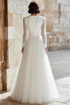 Ivory Tulle V-Neck A-Line Long Sleeves Floor Length Wedding Dress