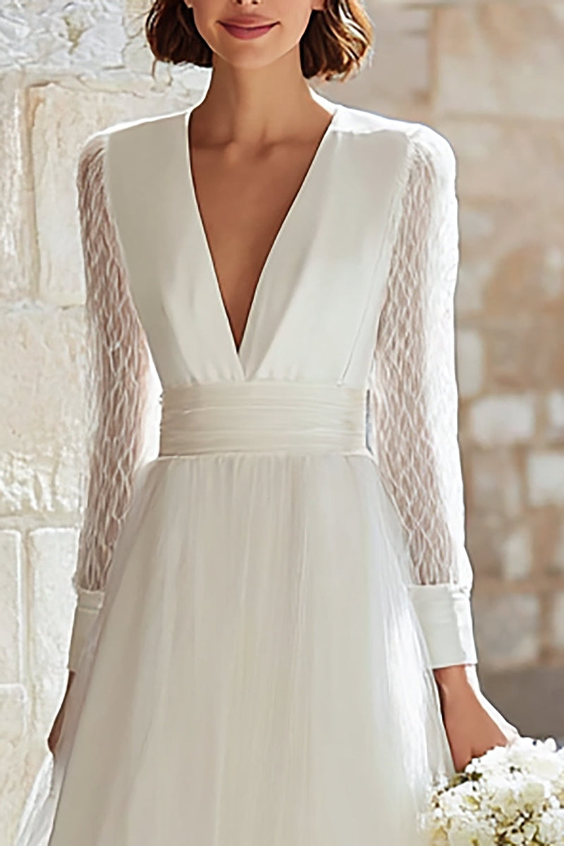 Load image into Gallery viewer, Ivory Tulle V-Neck A-Line Long Sleeves Floor Length Wedding Dress