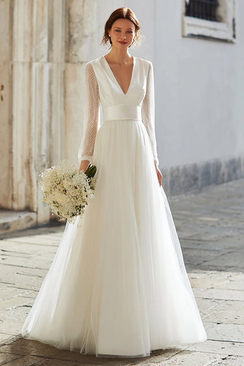 Ivory A-Line Tulle V-Neck Floor Length Wedding Dress with Sleeves