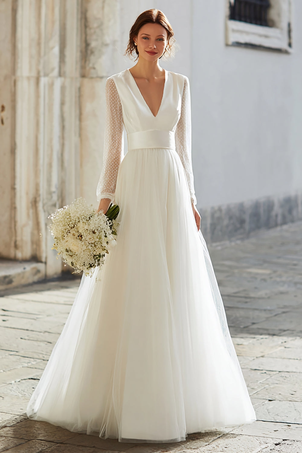 Ivory A-Line Tulle V-Neck Floor Length Wedding Dress with Sleeves