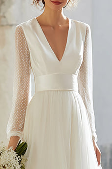 Ivory A-Line Tulle V-Neck Floor Length Wedding Dress with Sleeves