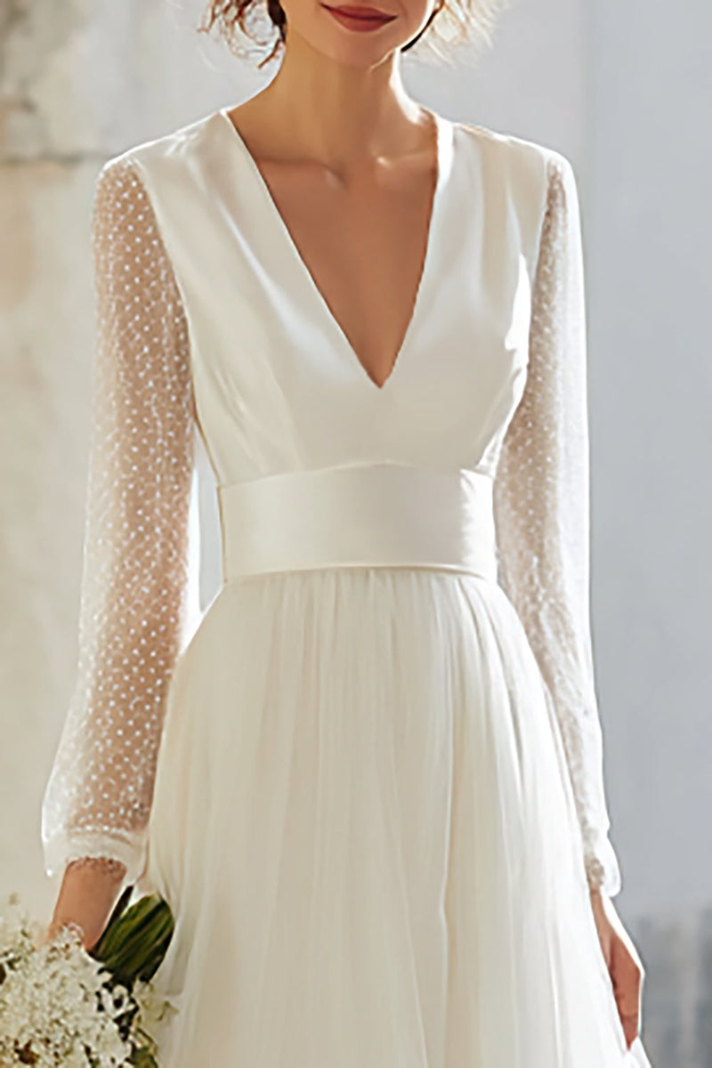 Load image into Gallery viewer, Ivory A-Line Tulle V-Neck Floor Length Wedding Dress with Sleeves