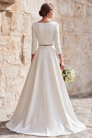 Load image into Gallery viewer, 2 Piece Ivory Satin A-Line Boat Neck Long Wedding Dress with Sleeves
