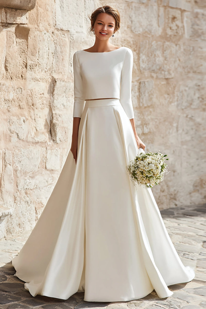 Load image into Gallery viewer, 2 Piece Ivory Satin A-Line Boat Neck Long Wedding Dress with Sleeves