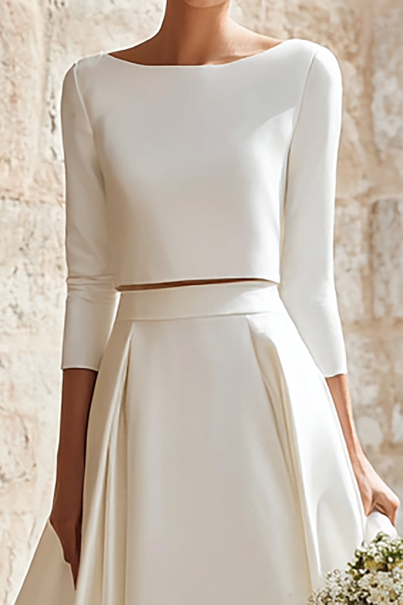 Load image into Gallery viewer, 2 Piece Ivory Satin A-Line Boat Neck Long Wedding Dress with Sleeves