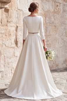 2 Piece Ivory Satin A-Line Boat Neck Long Wedding Dress with Sleeves