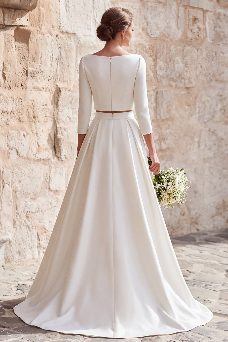 Load image into Gallery viewer, 2 Piece Ivory Satin A-Line Boat Neck Long Wedding Dress with Sleeves