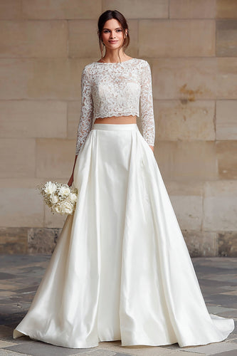 2 Piece Ivory Satin Long Sleeves A-Line Long Wedding Dress with Lace