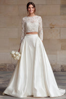 Load image into Gallery viewer, 2 Piece Ivory Satin Long Sleeves A-Line Long Wedding Dress with Lace
