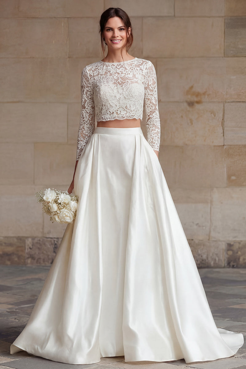 Load image into Gallery viewer, 2 Piece Ivory Satin Long Sleeves A-Line Long Wedding Dress with Lace