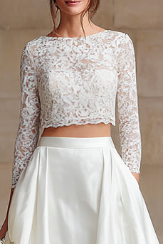 2 Piece Ivory Satin Long Sleeves A-Line Long Wedding Dress with Lace