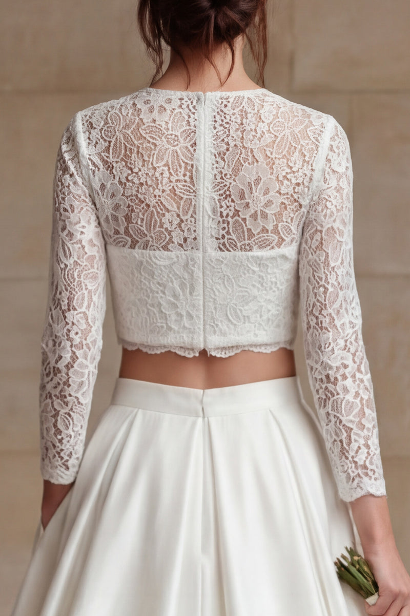 Load image into Gallery viewer, 2 Piece Ivory Satin Long Sleeves A-Line Long Wedding Dress with Lace