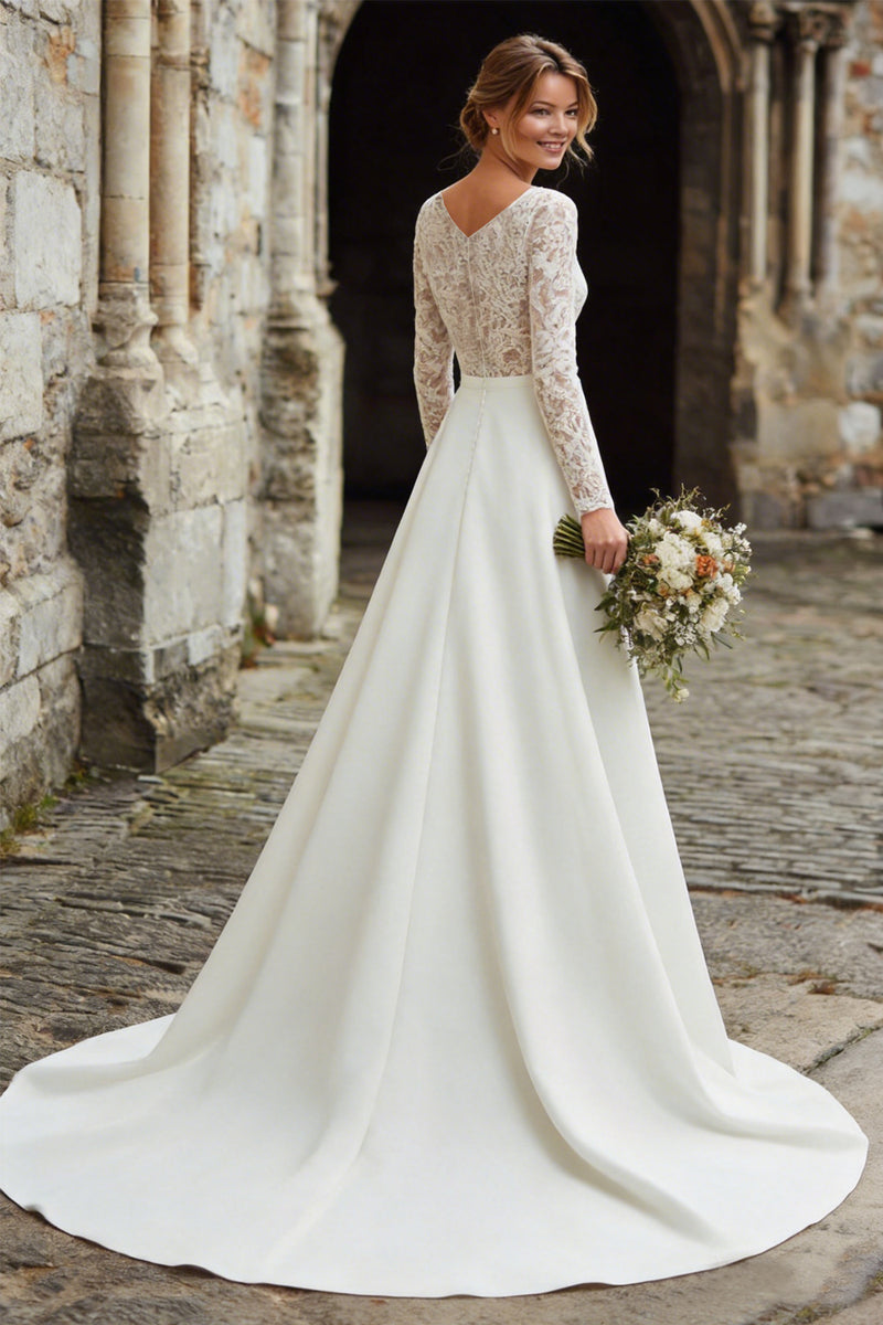 Load image into Gallery viewer, Ivory Satin A-Line V-Neck Long Sleeves Sweep Train Wedding Dress with Lace