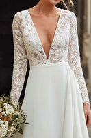 Load image into Gallery viewer, Ivory Satin A-Line V-Neck Long Sleeves Sweep Train Wedding Dress with Lace