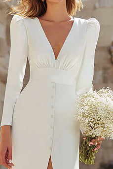 Ivory Sheath V-Neck Long Sleeves Floor Length Wedding Dress with Slit