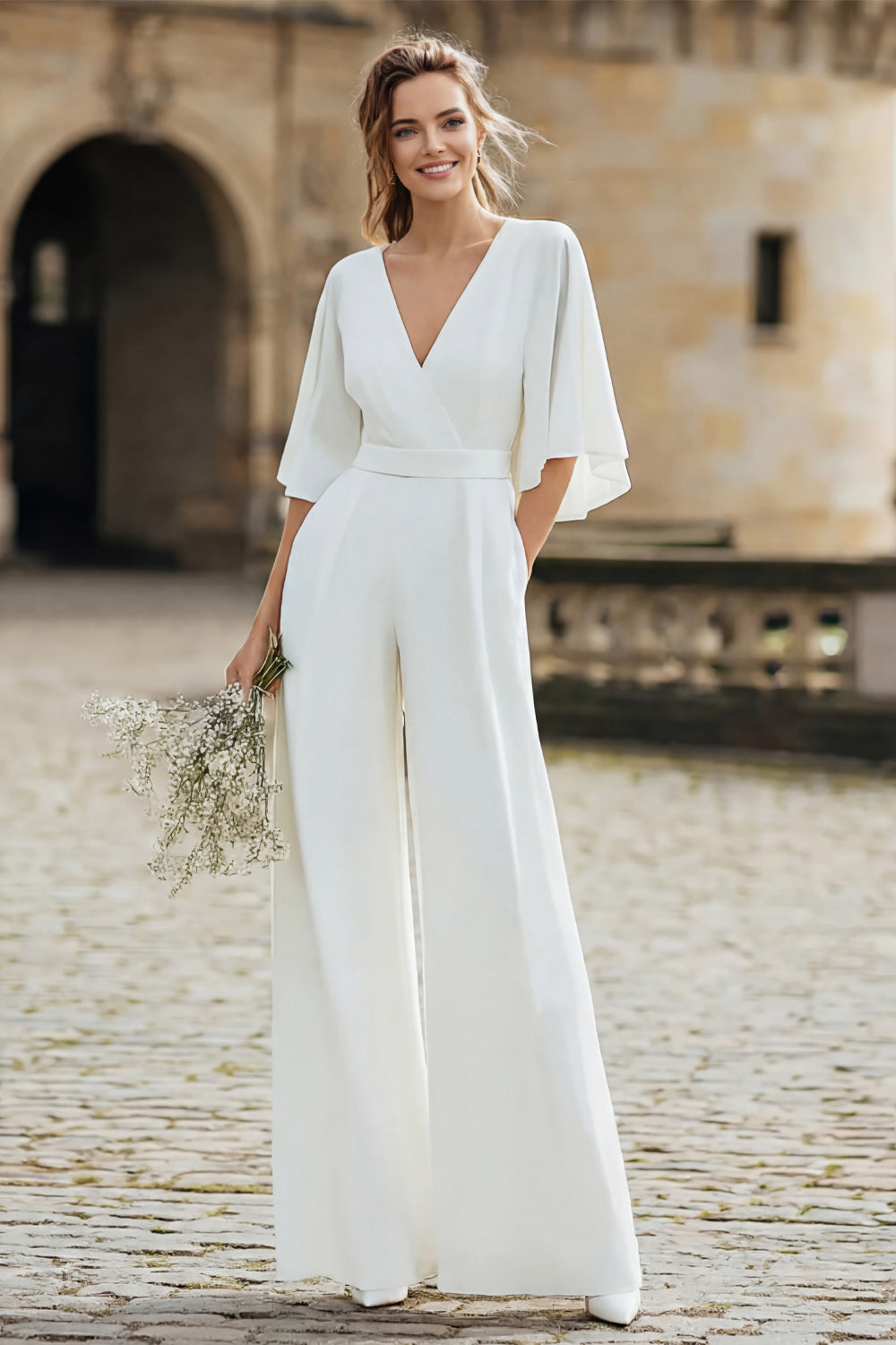 Ivory V-Neck Long Wedding Half Sleeves Jumpsuits with Pockets