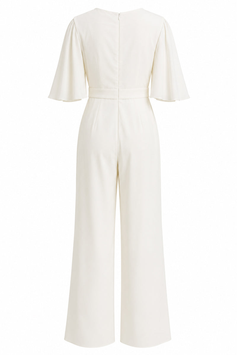 Load image into Gallery viewer, Ivory V-Neck Long Wedding Half Sleeves Jumpsuits with Pockets