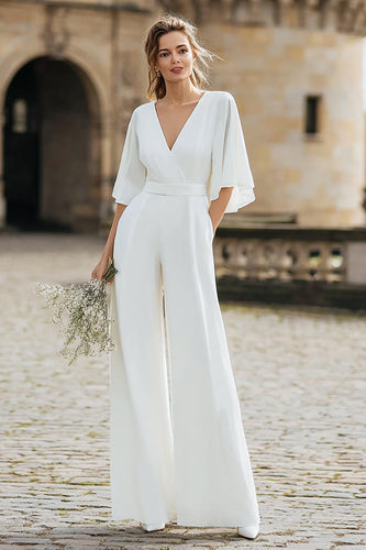 Ivory V-Neck Long Wedding Jumpsuits with Half Sleeves