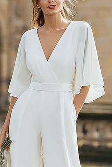 Ivory V-Neck Long Wedding Jumpsuits with Half Sleeves