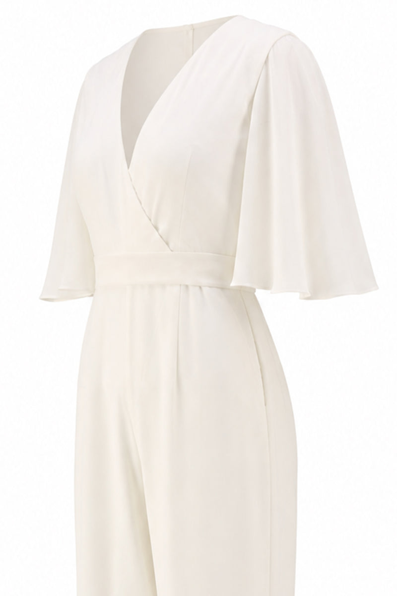 Load image into Gallery viewer, Ivory V-Neck Long Wedding Half Sleeves Jumpsuits with Pockets