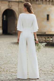 Ivory V-Neck Long Wedding Half Sleeves Jumpsuits with Pockets