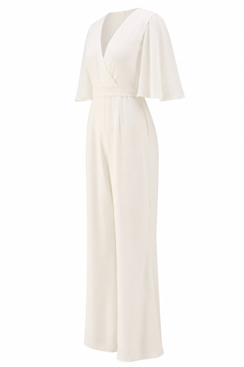 Load image into Gallery viewer, Ivory V-Neck Long Wedding Half Sleeves Jumpsuits with Pockets