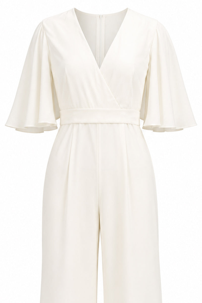 Load image into Gallery viewer, Ivory V-Neck Long Wedding Half Sleeves Jumpsuits with Pockets