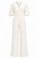 Load image into Gallery viewer, Ivory V-Neck Long Wedding Half Sleeves Jumpsuits with Pockets