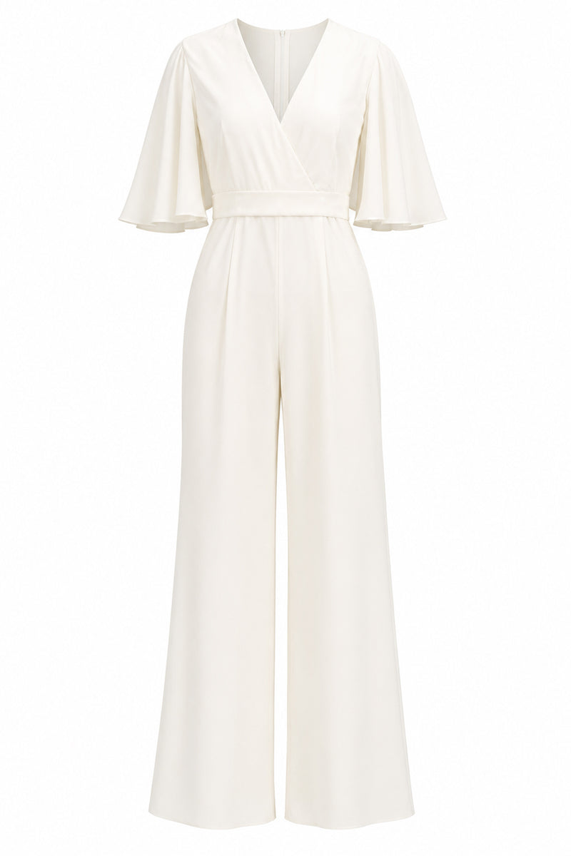 Load image into Gallery viewer, Ivory V-Neck Long Wedding Half Sleeves Jumpsuits with Pockets