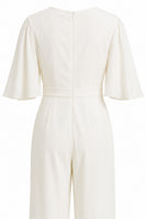 Load image into Gallery viewer, Ivory V-Neck Long Wedding Half Sleeves Jumpsuits with Pockets