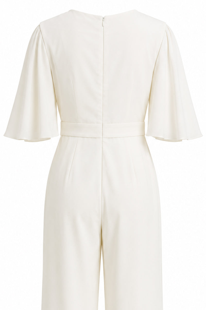 Load image into Gallery viewer, Ivory V-Neck Long Wedding Half Sleeves Jumpsuits with Pockets